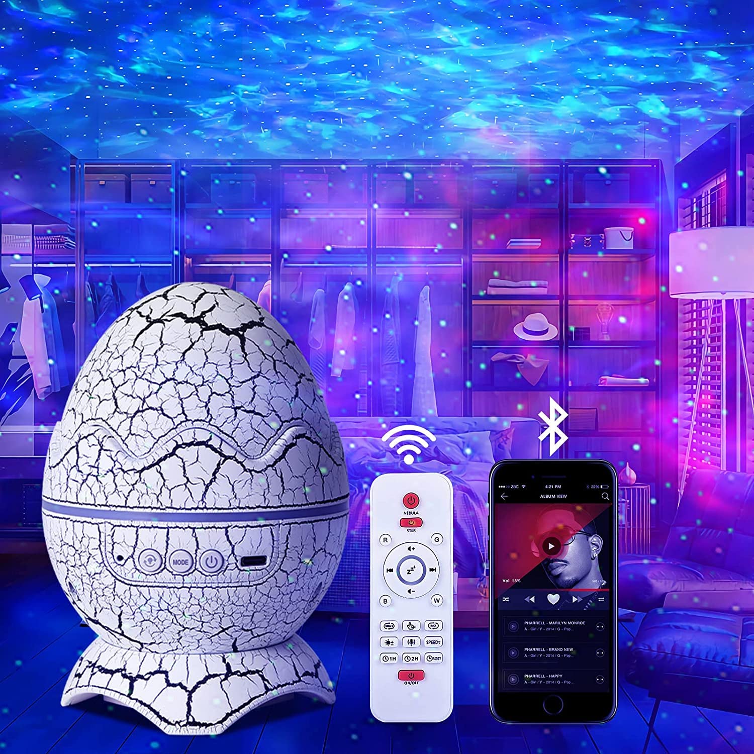 SZPACMATE dinosaur egg galaxy projector lighting walls with nebula and stars.