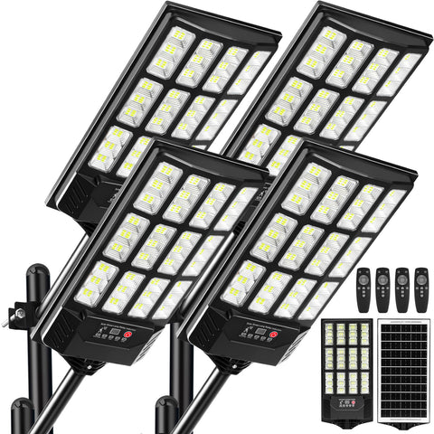 SZPIOSTAR 4-pack solar street lights, front view, boosting yard visibility with broad 216-LED coverage