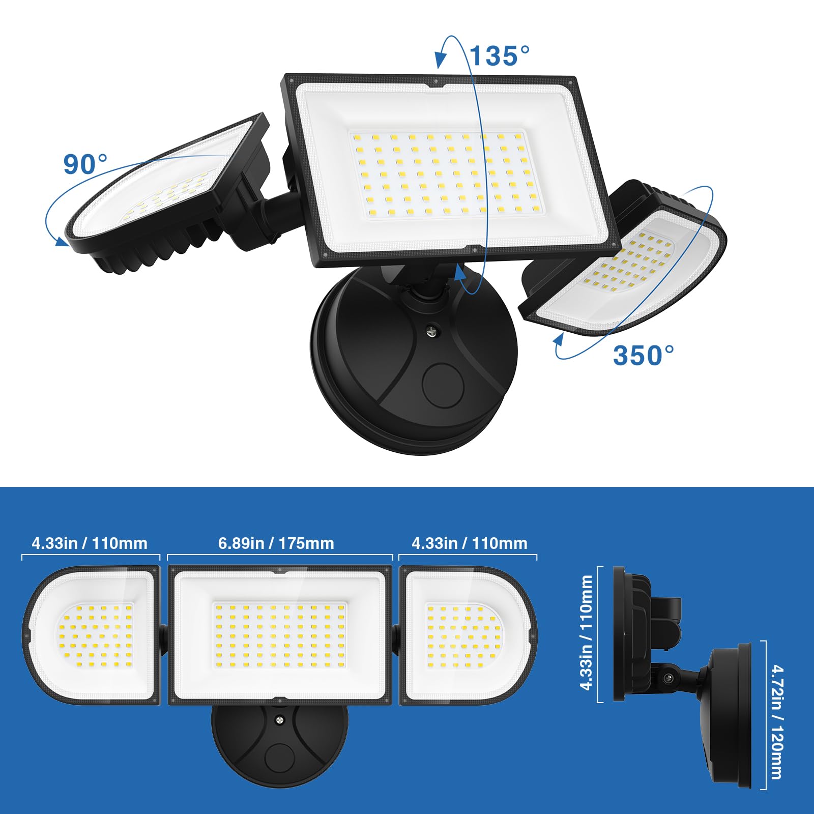 SZPOWER three-head flood light enables wide-area lighting across porches, sidewalks, and sheds.