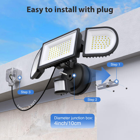 SZPOWER 150W flood light in dusk-to-dawn mode activates automatically at night