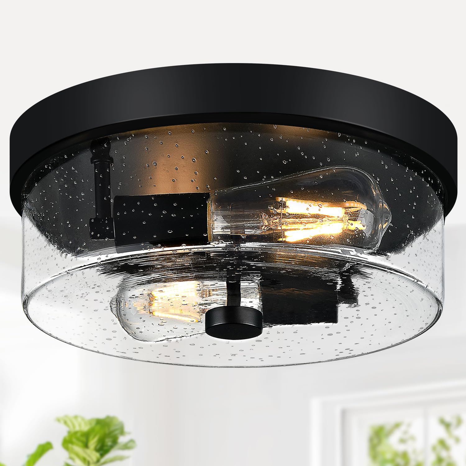 SZZGCO black flush mount light with seeded glass for hallway ambience.