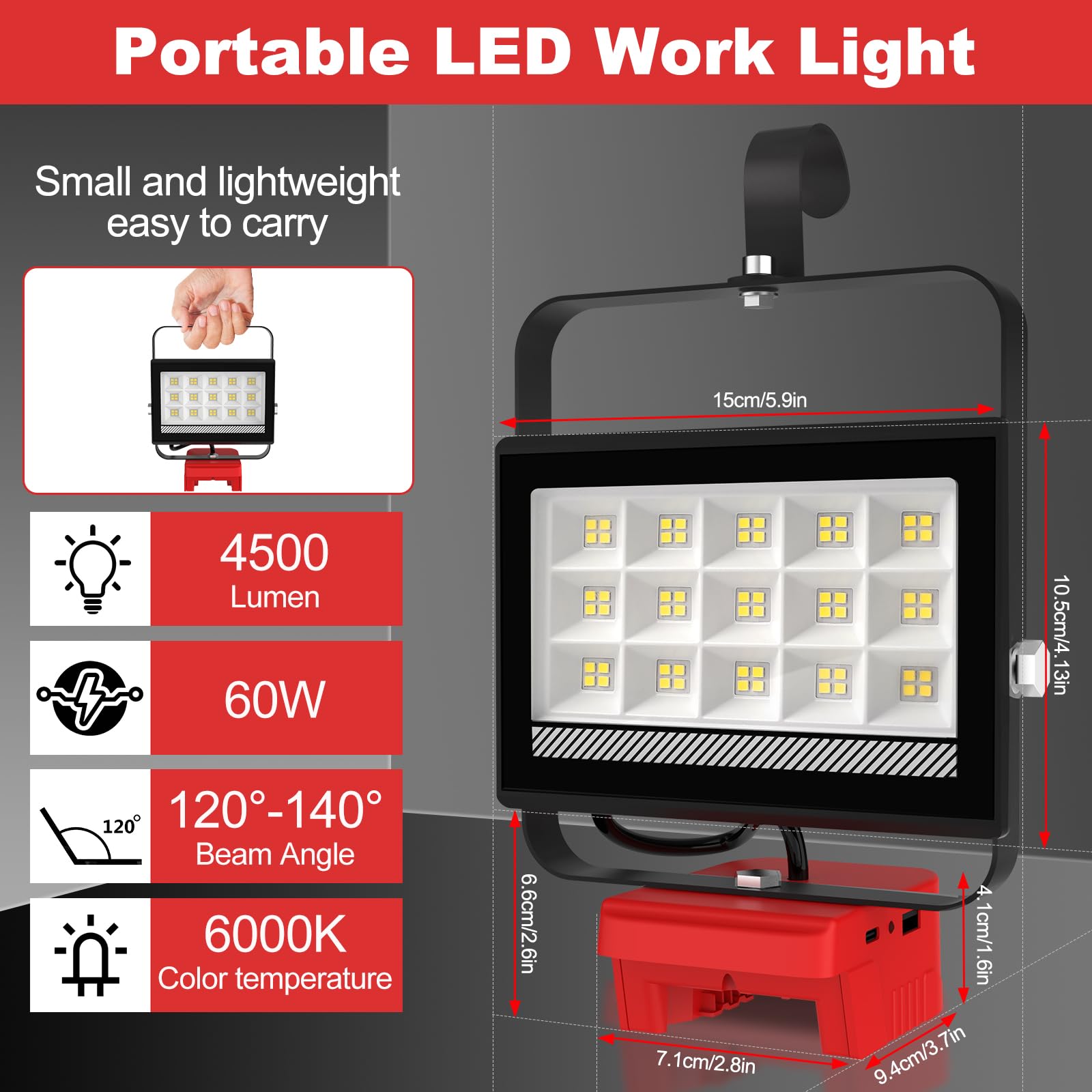 T-SUN 60W work light features low voltage protection to preserve battery life.