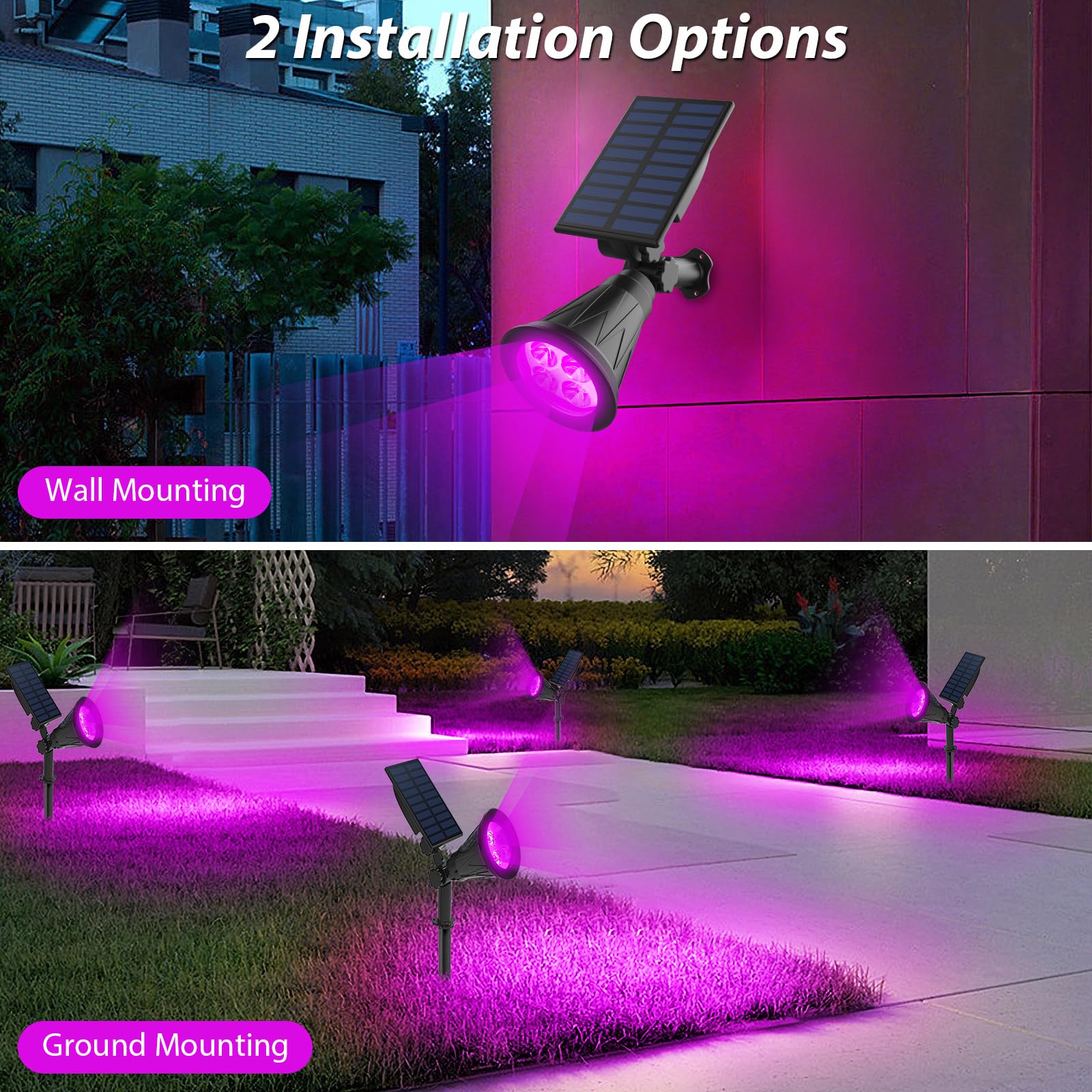 T-SUN purple solar spotlight 2-pack at dusk illuminating garden and pool area