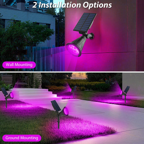 T-SUN purple solar spotlight 2-pack at dusk illuminating garden and pool area