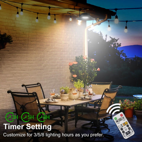T-SUN solar pendant light supports 3/5/8 hour timer options.