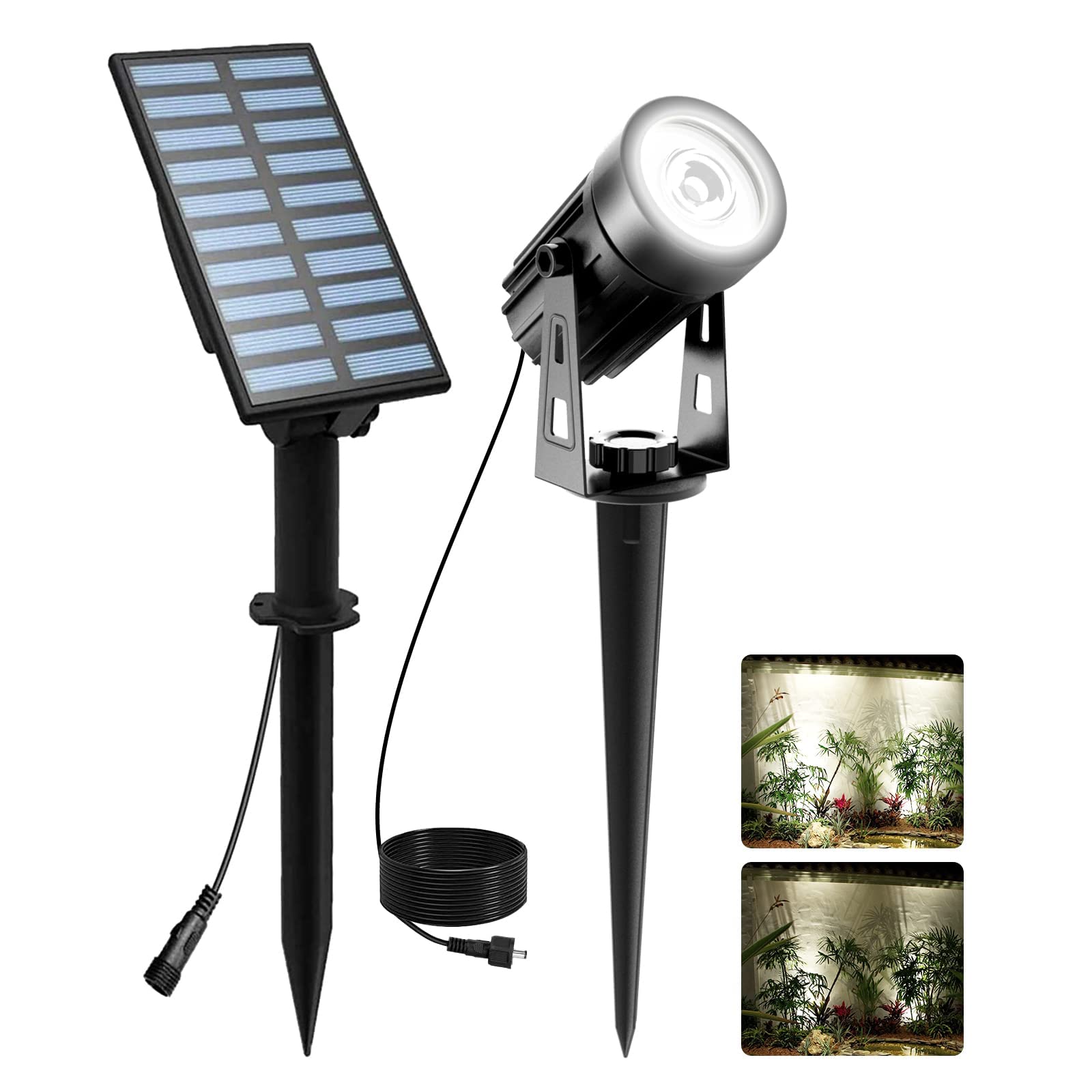 T-SUNUS Christmas solar spotlight beam highlights garden features for dramatic outdoor accents.