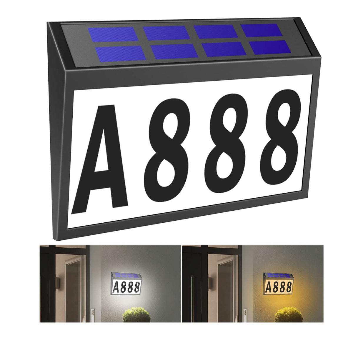 T-SUNUS Solar House Numbers Light front view enhances nighttime visibility.