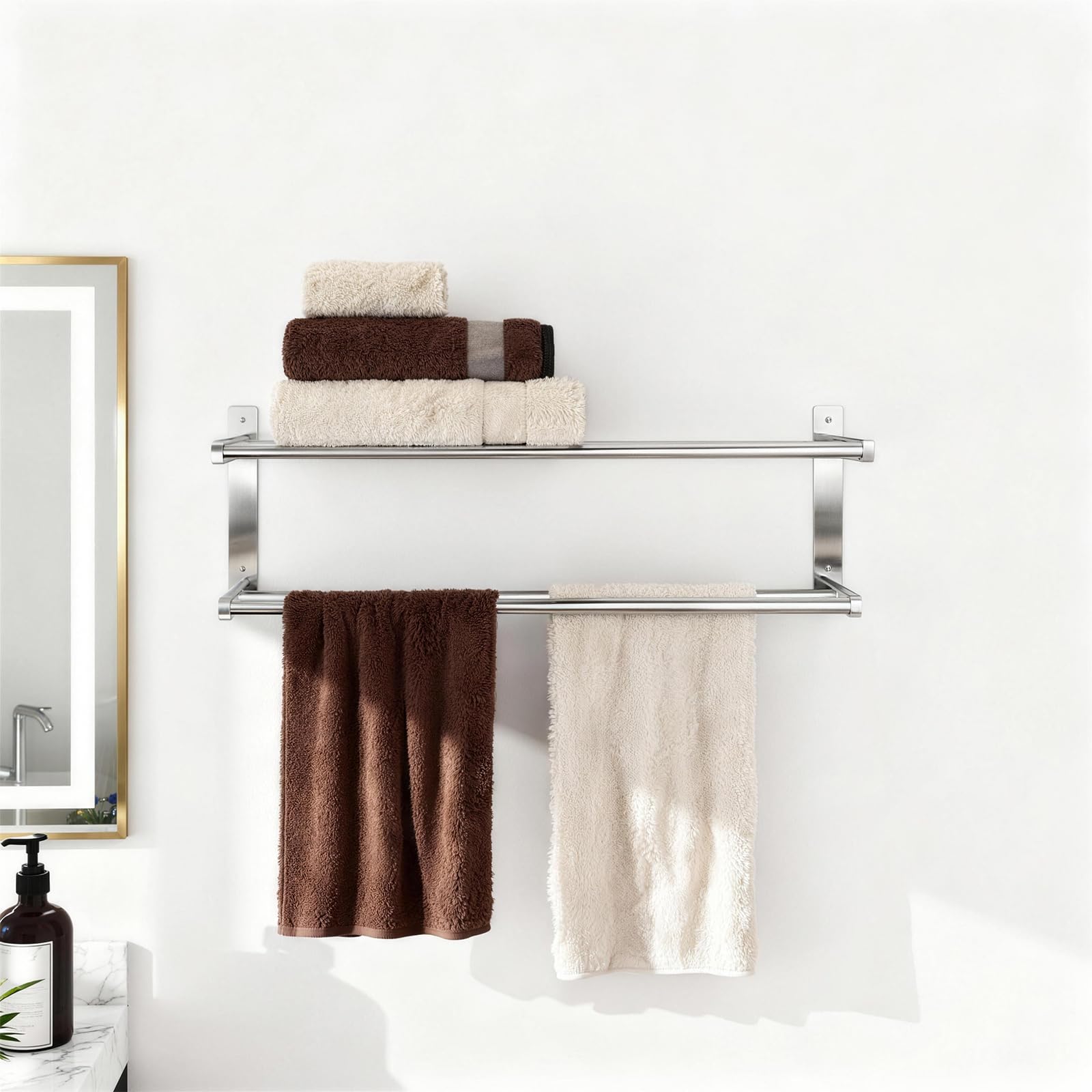 Taaji brushed nickel finish towel rack adds modern style and organization
