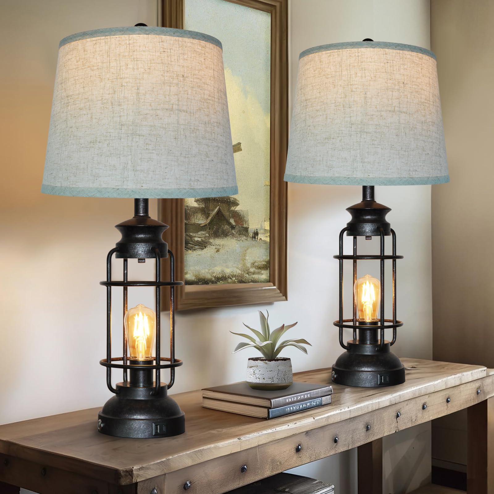 Vintage Industrial Table Lamps Set of 2 with USB port and 3-way dimming.