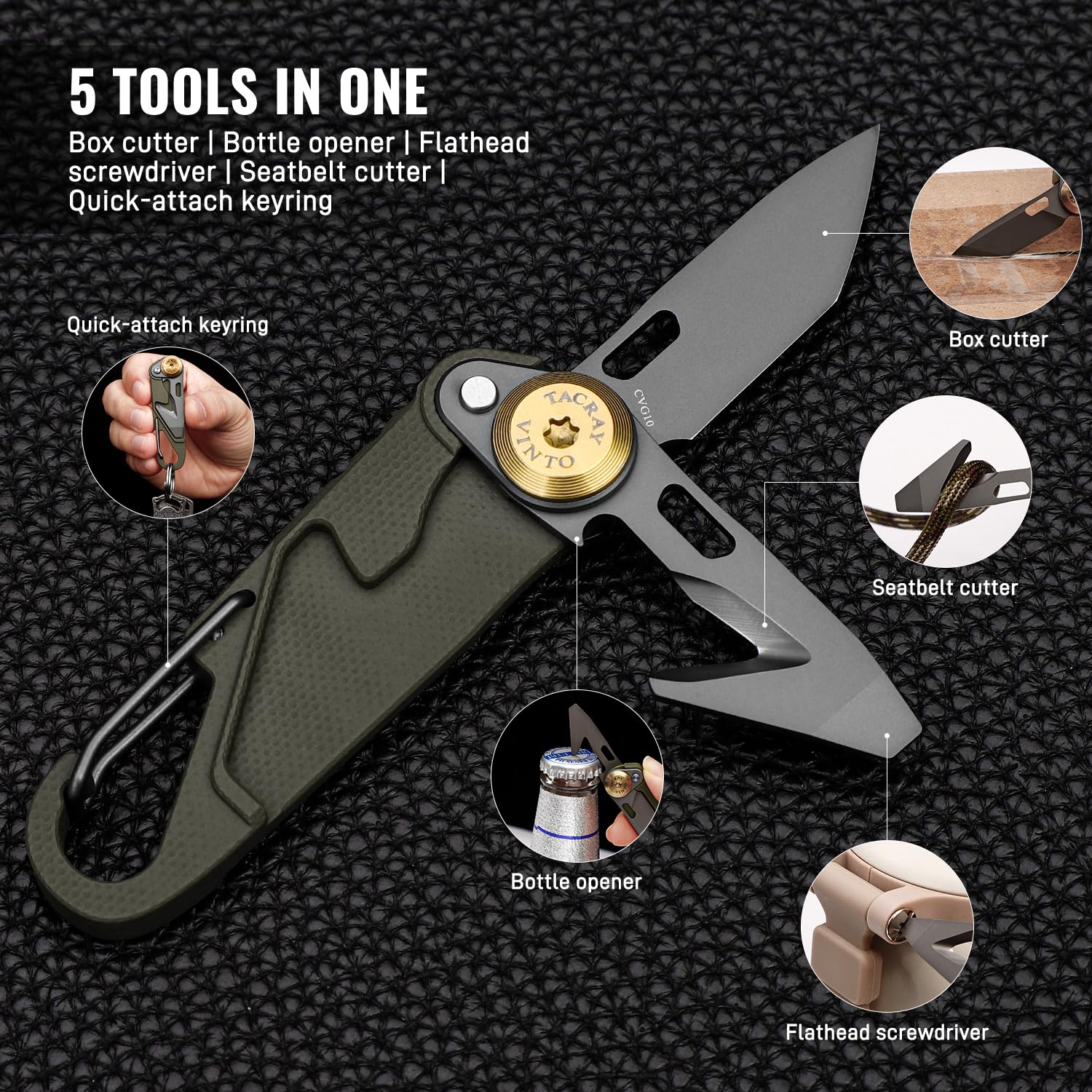 TACRAY Vinto seatbelt cutter closeup emphasizing safety-ready emergency use