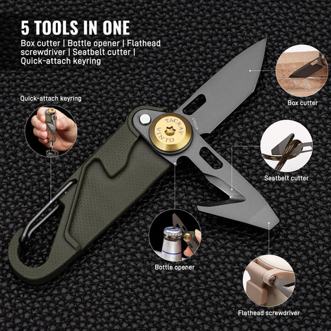 TACRAY Vinto seatbelt cutter closeup emphasizing safety-ready emergency use