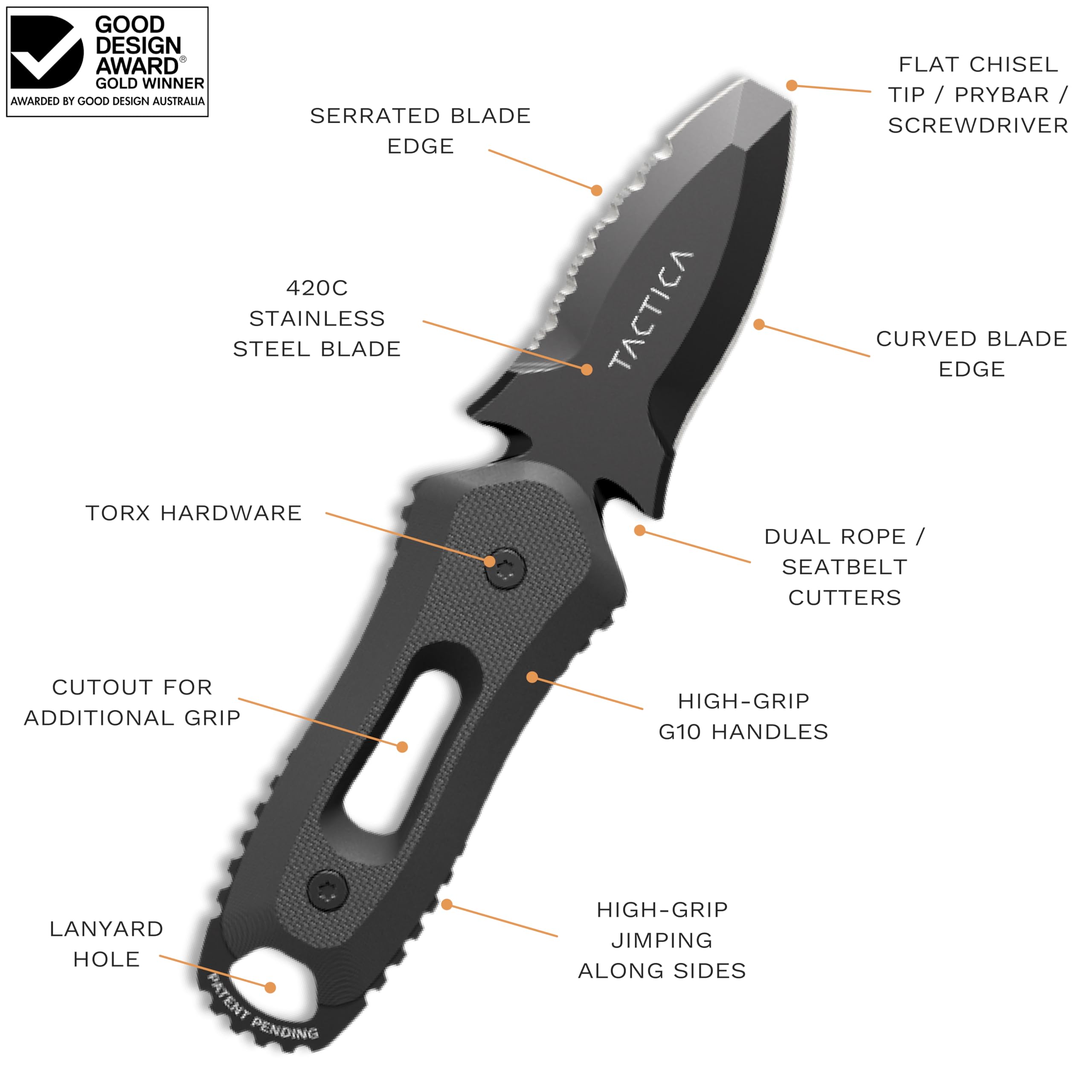 TACTICA K.220 G10 handle provides secure grip in wet conditions.