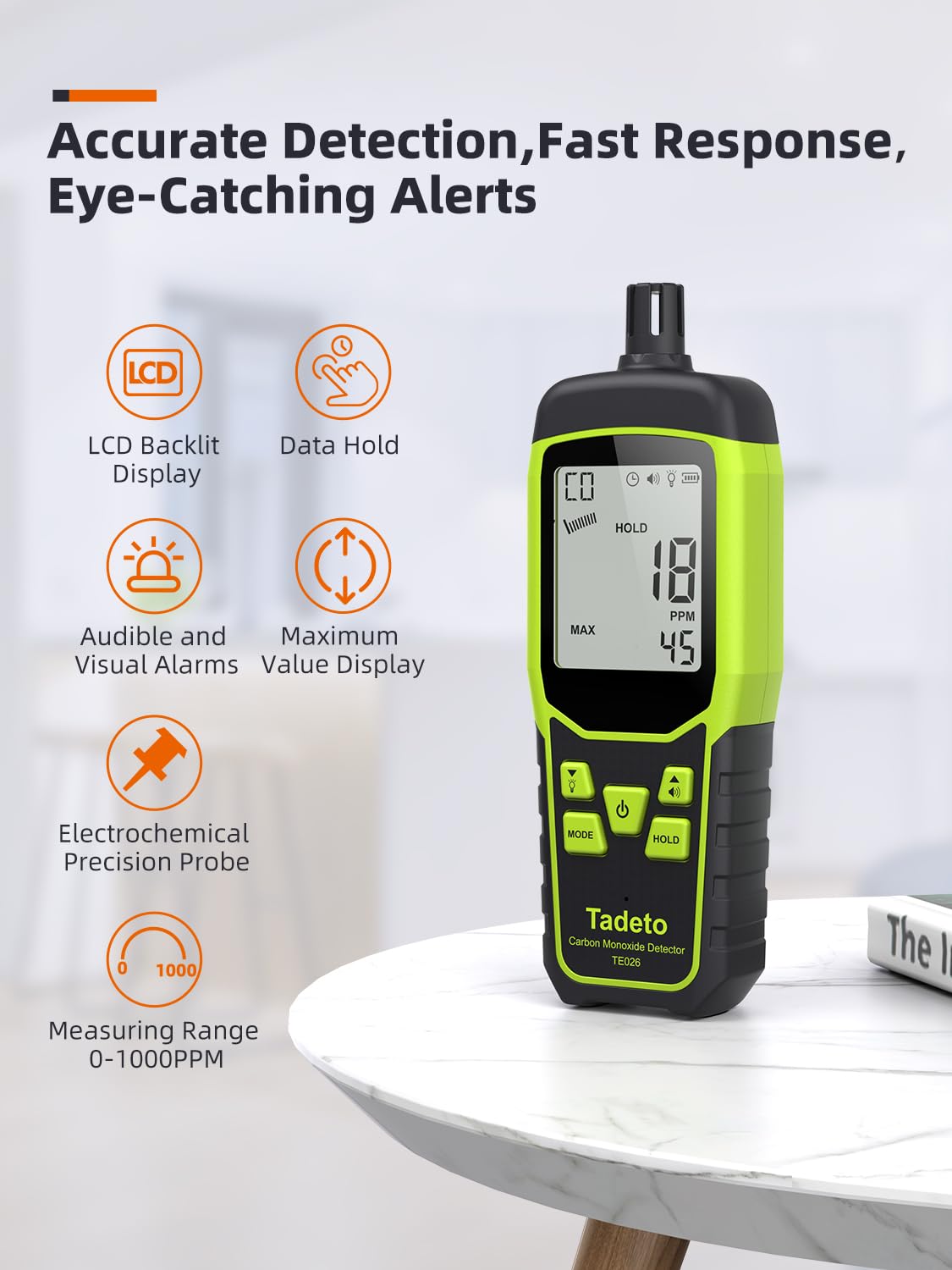 Tadeto portable CO detector emitting audible alarm with red visual alert