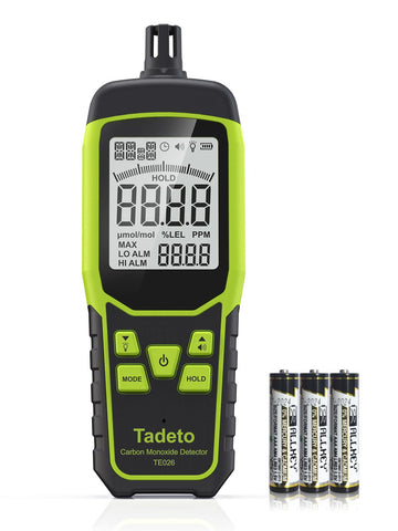 Tadeto carbon monoxide detector front view with backlit LCD and compact design