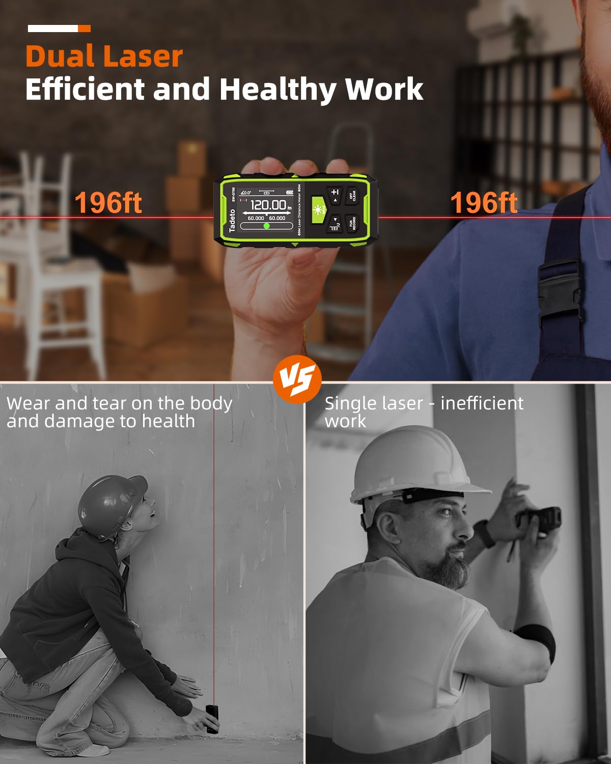Tadeto dual laser measuring tool backlit display enables clear readings