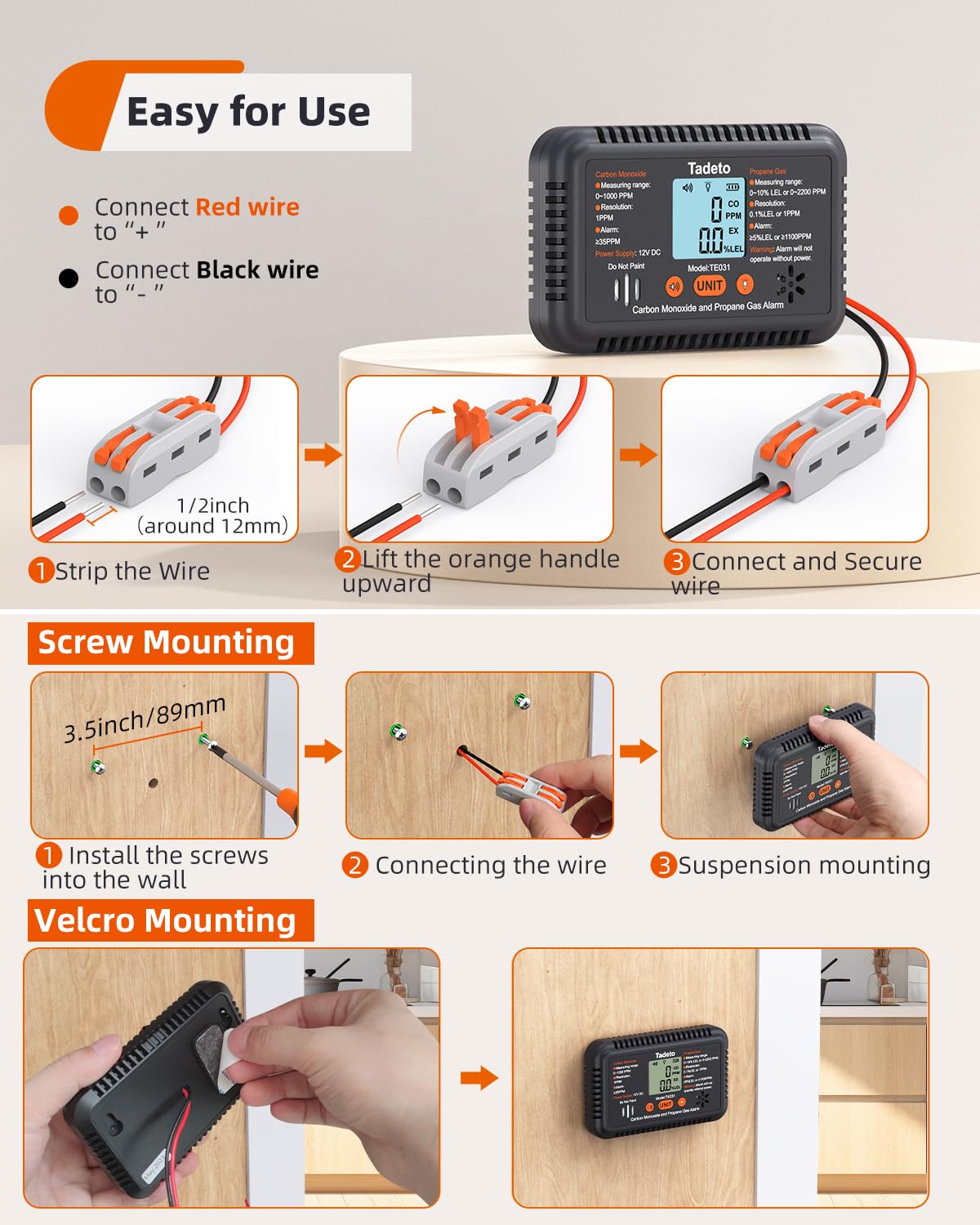 Tadeto RV 12V DC hardwired installation with mounting options.