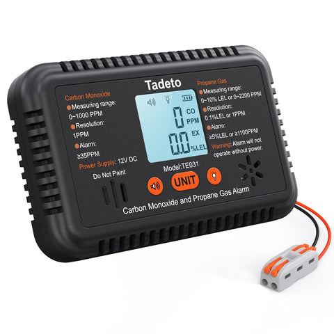 Tadeto RV carbon monoxide propane detector front view with clear screen.