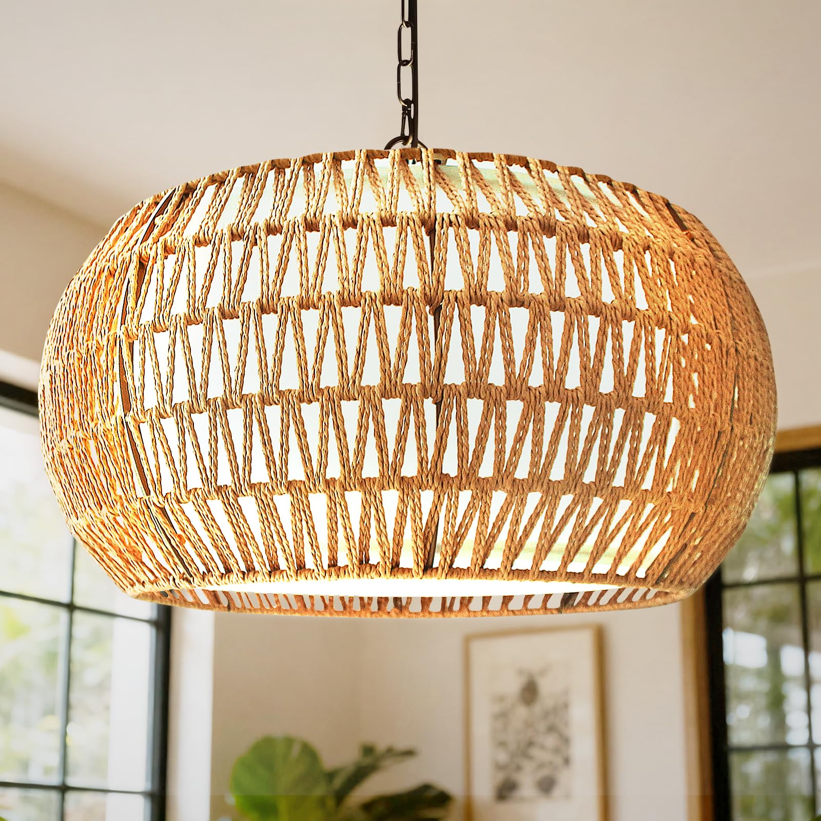 Tadpole Jump 5-Lights Boho Rattan Chandelier for dining room with warm ambient light.