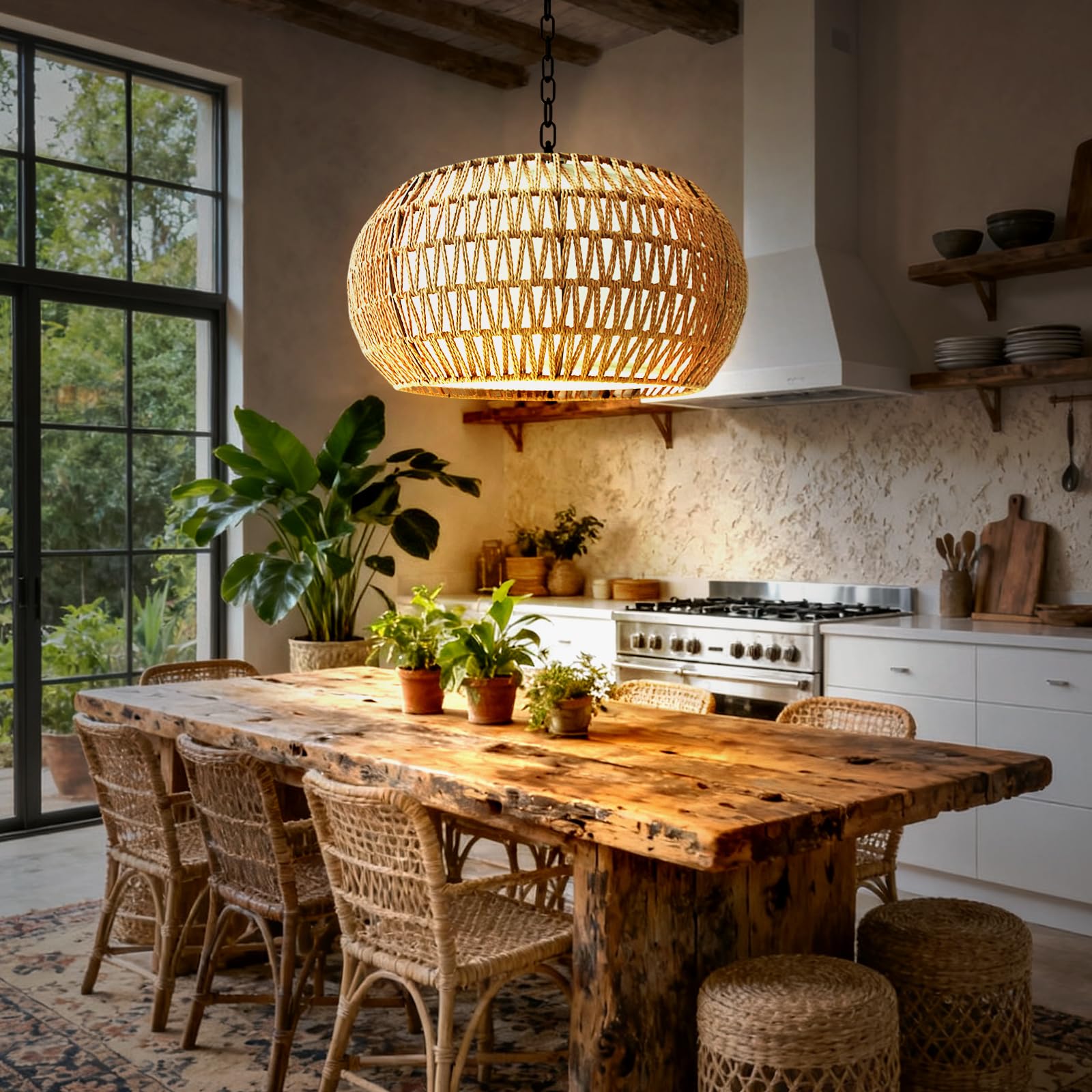 Tadpole Jump handwoven rattan with fabric shade for soft, cozy living room lighting.