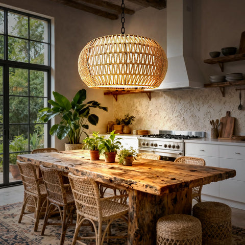 Tadpole Jump handwoven rattan with fabric shade for soft, cozy living room lighting.