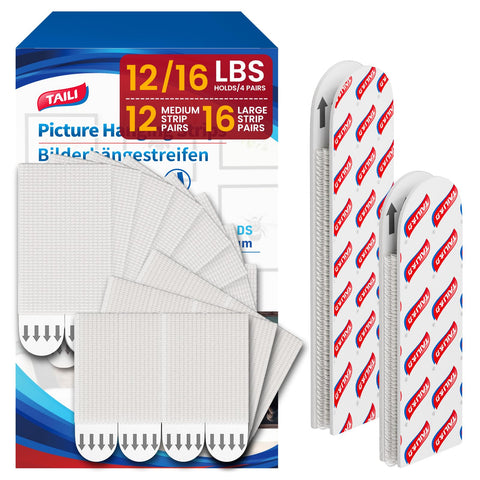 TAILI heavy-duty strips secure large frames for nail-free mounting.