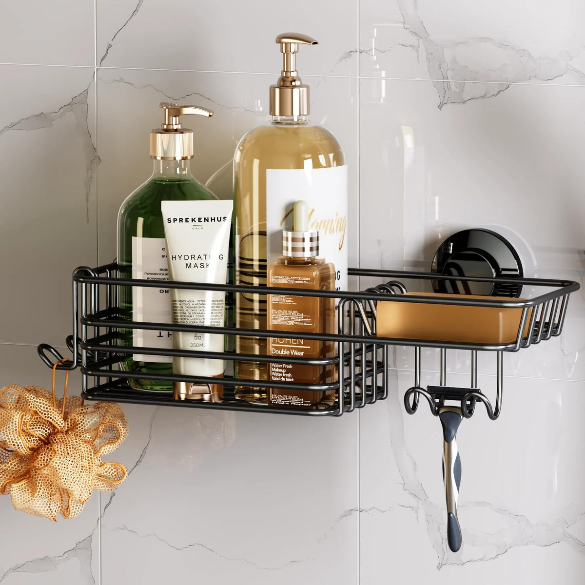 TAILI shower caddy with suction cups on wall for secure bottle storage