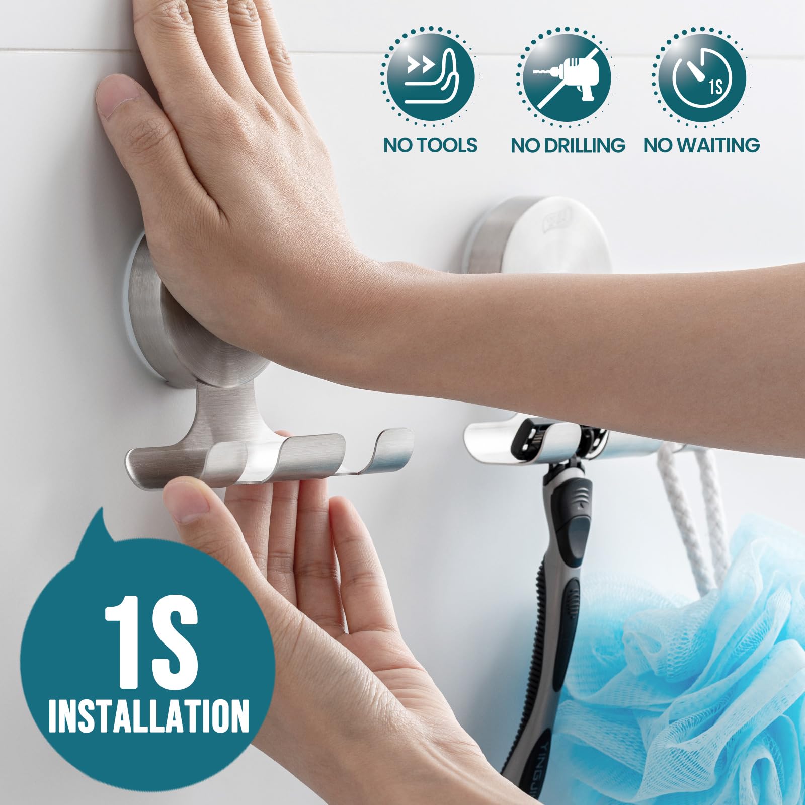TAILI suction cup hook in stainless steel for durable bathroom organization.