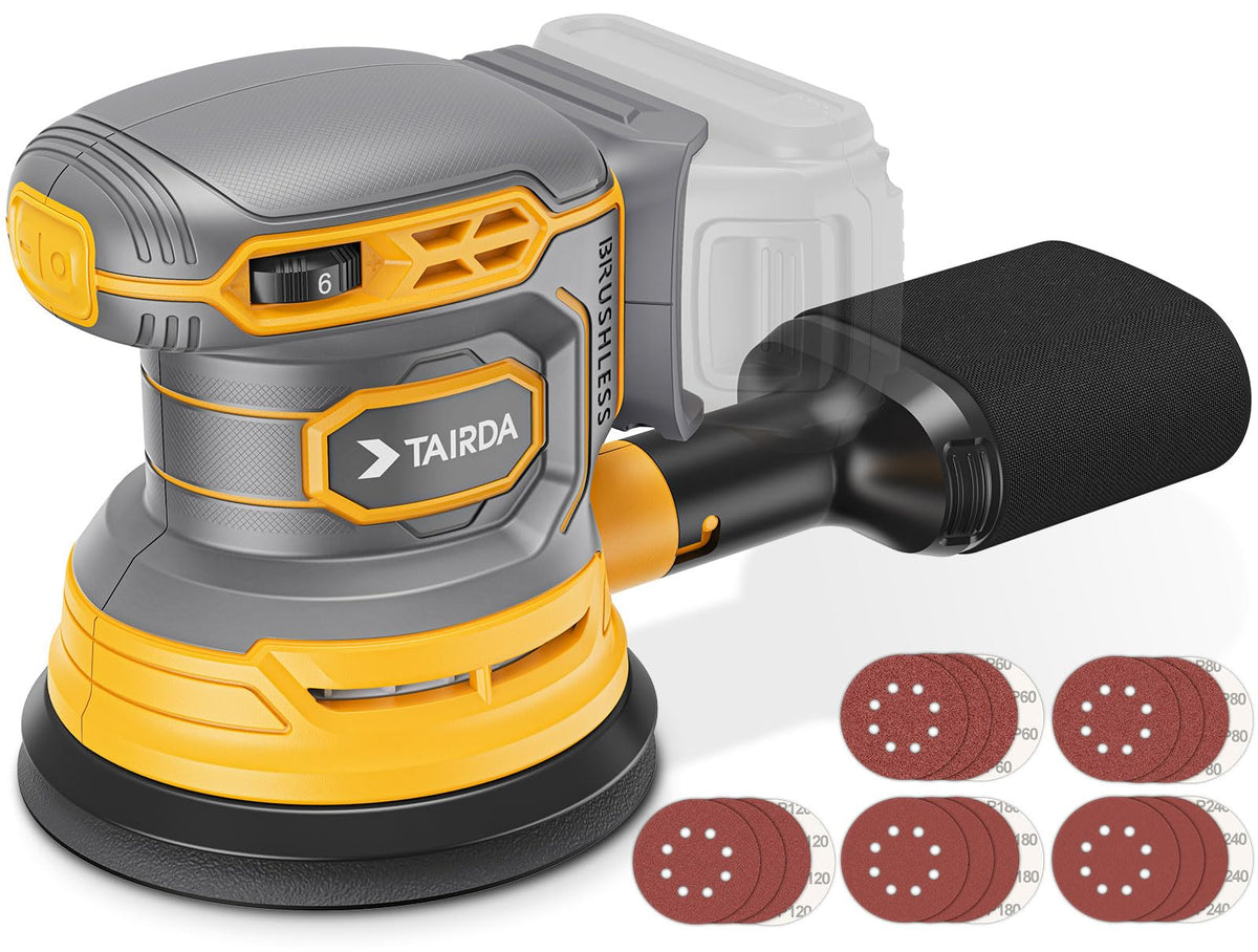 TAIRDA cordless random orbital sander with dust collector for cleaner finishes.