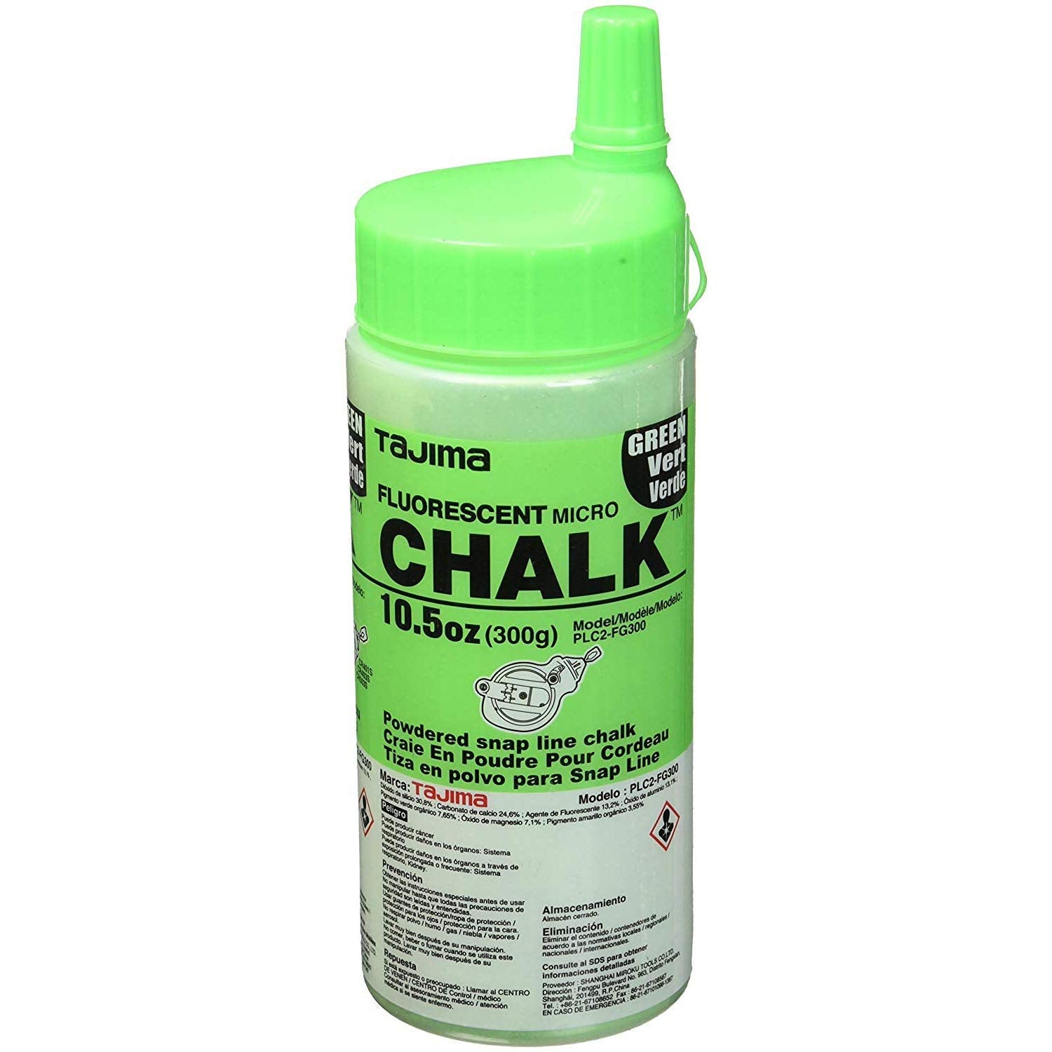 Tajima Micro Chalk bottle with fluorescent green chalk for high-visibility lines on surfaces.