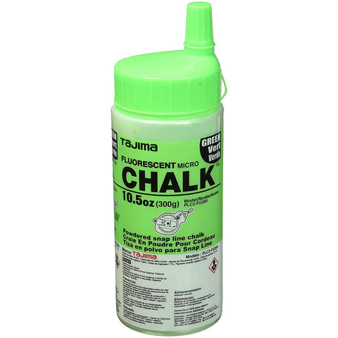 Tajima Micro Chalk bottle with fluorescent green chalk for high-visibility lines on surfaces.