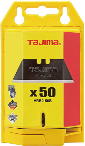 Tajima V-REX II 50-pack blades in safety dispenser for precise, durable drywall and heavy-duty cuts.