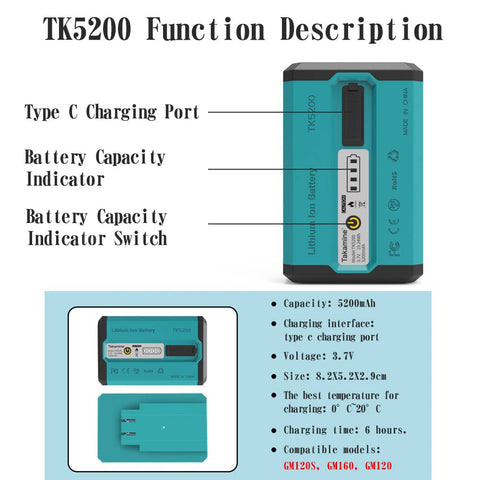 Takamine TK5200 battery top view showing four power LEDs to estimate remaining power.