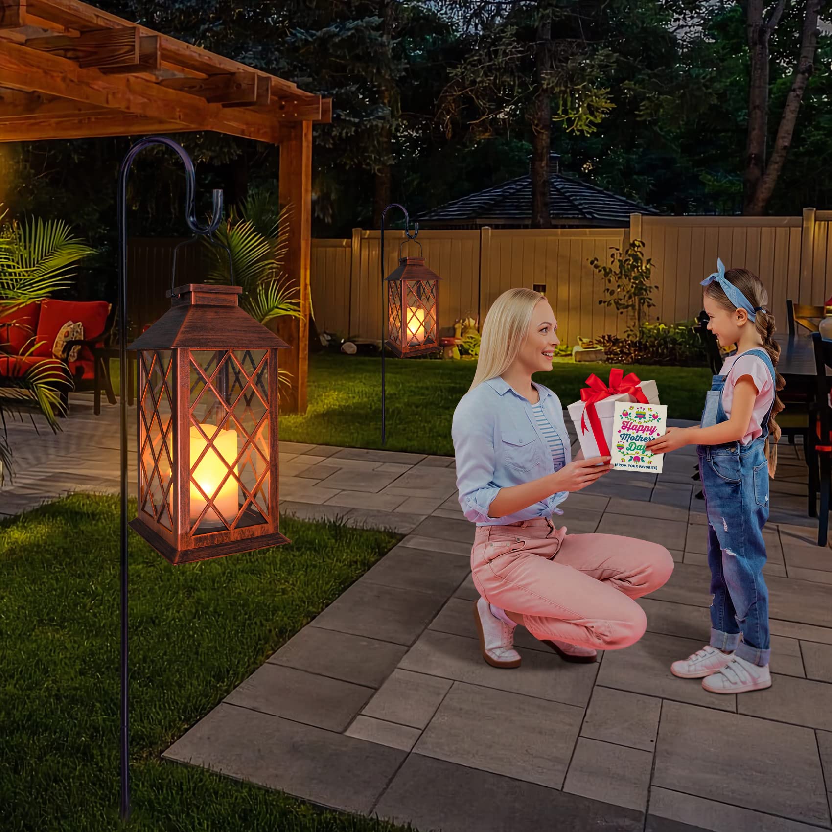 TAKE ME flameless LED candle lantern provides warm white glow on patio.