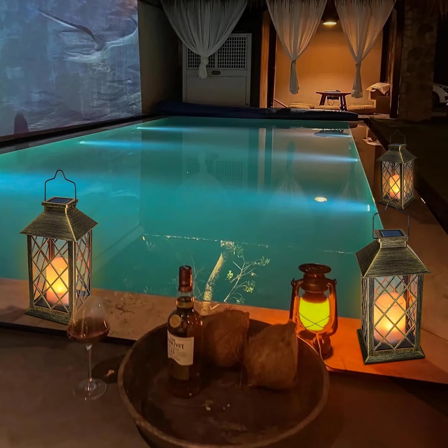 Take Me outdoor lantern accents poolside or patio decor.