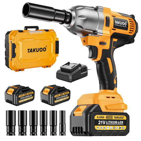 Takuoo cordless half-inch brushless impact wrench front view showing powerful torque for heavy jobs.