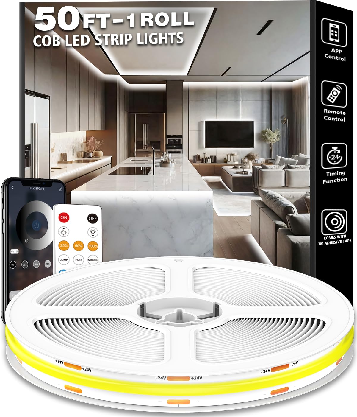 Talkhigh 50ft COB LED strip lights with uniform daylight glow.