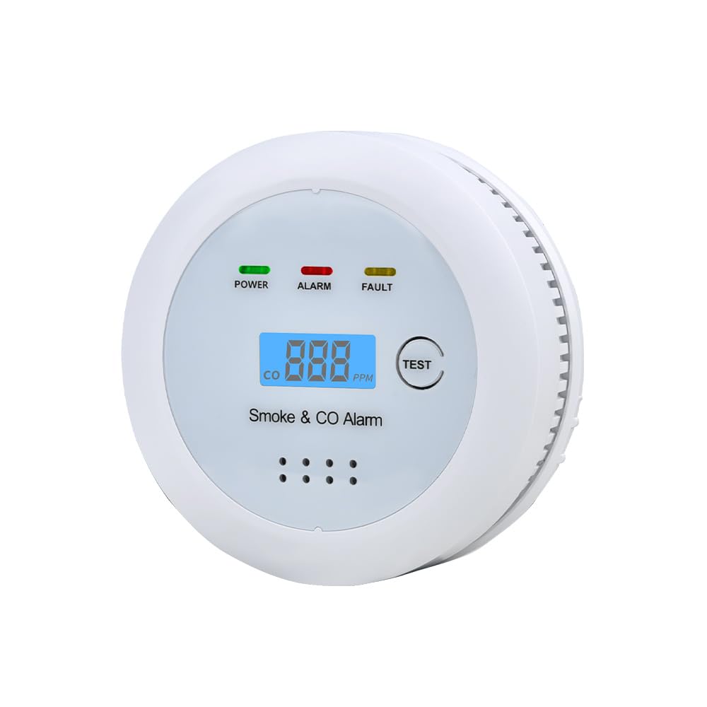 TALLPOWER 2-in-1 smoke detector with LCD display showing status and readings