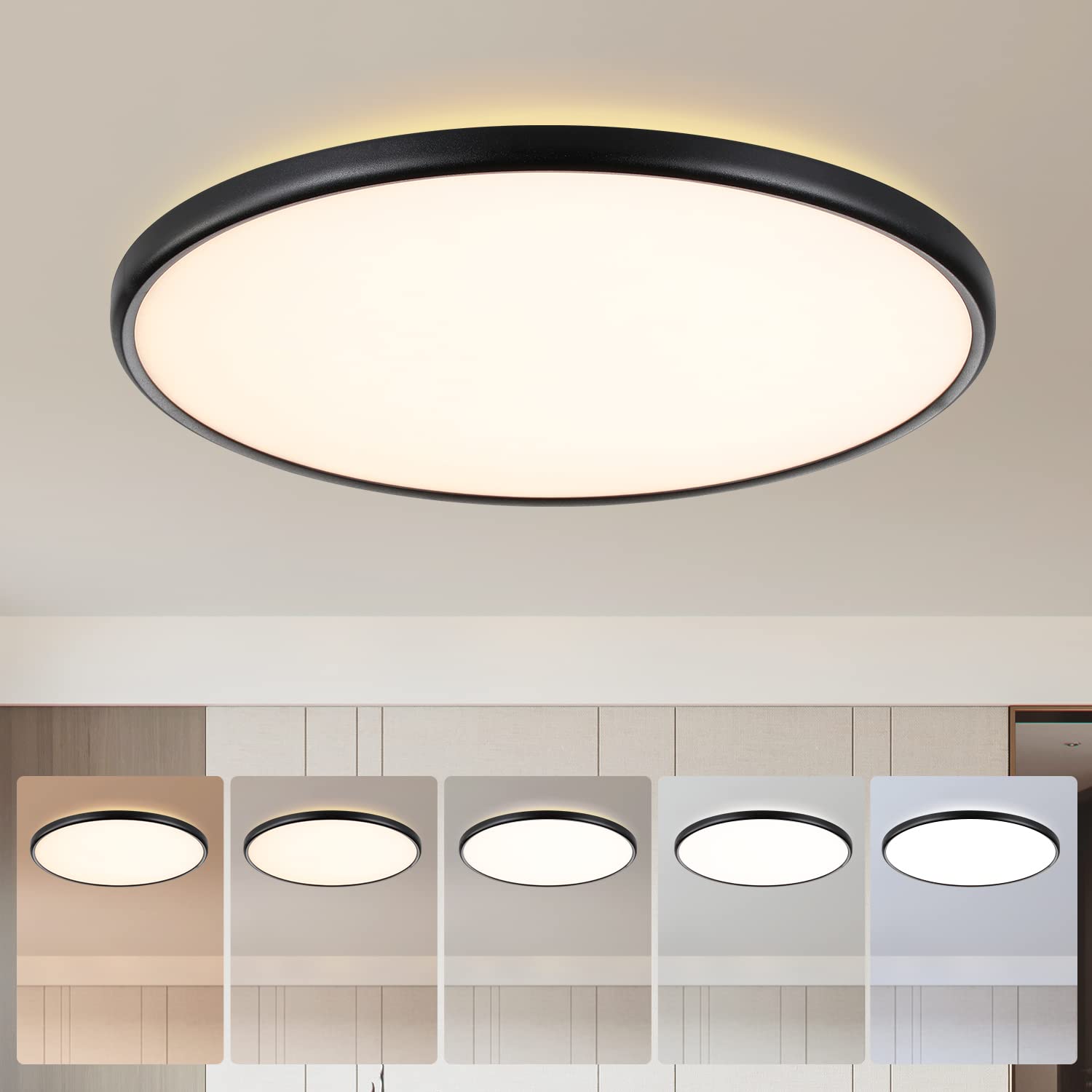 Taloya 18in black flush-mount LED ceiling light for living rooms with even illumination.
