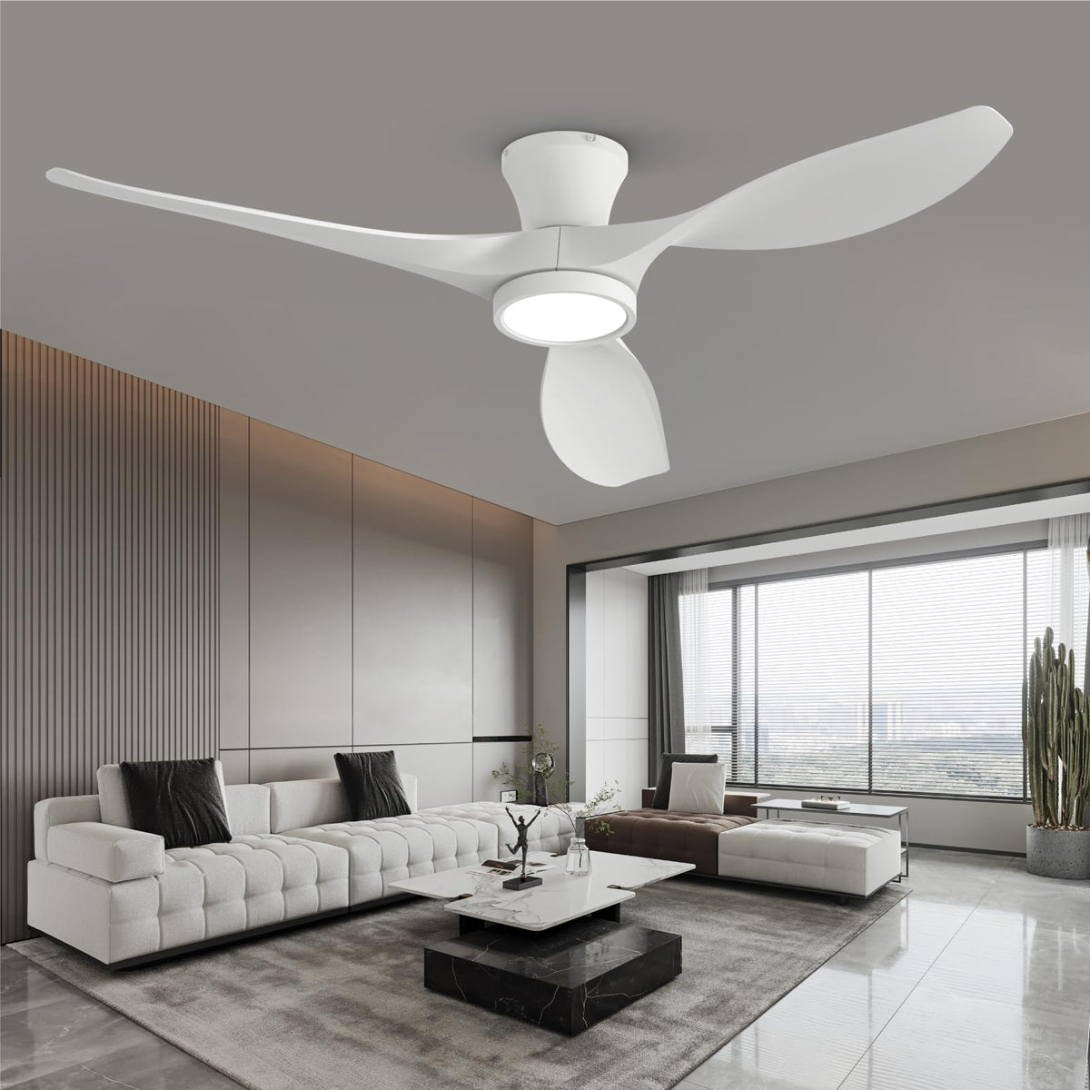 TALOYA 52-inch ceiling fan with light seen from a distance in a modern room for a clean, cool look
