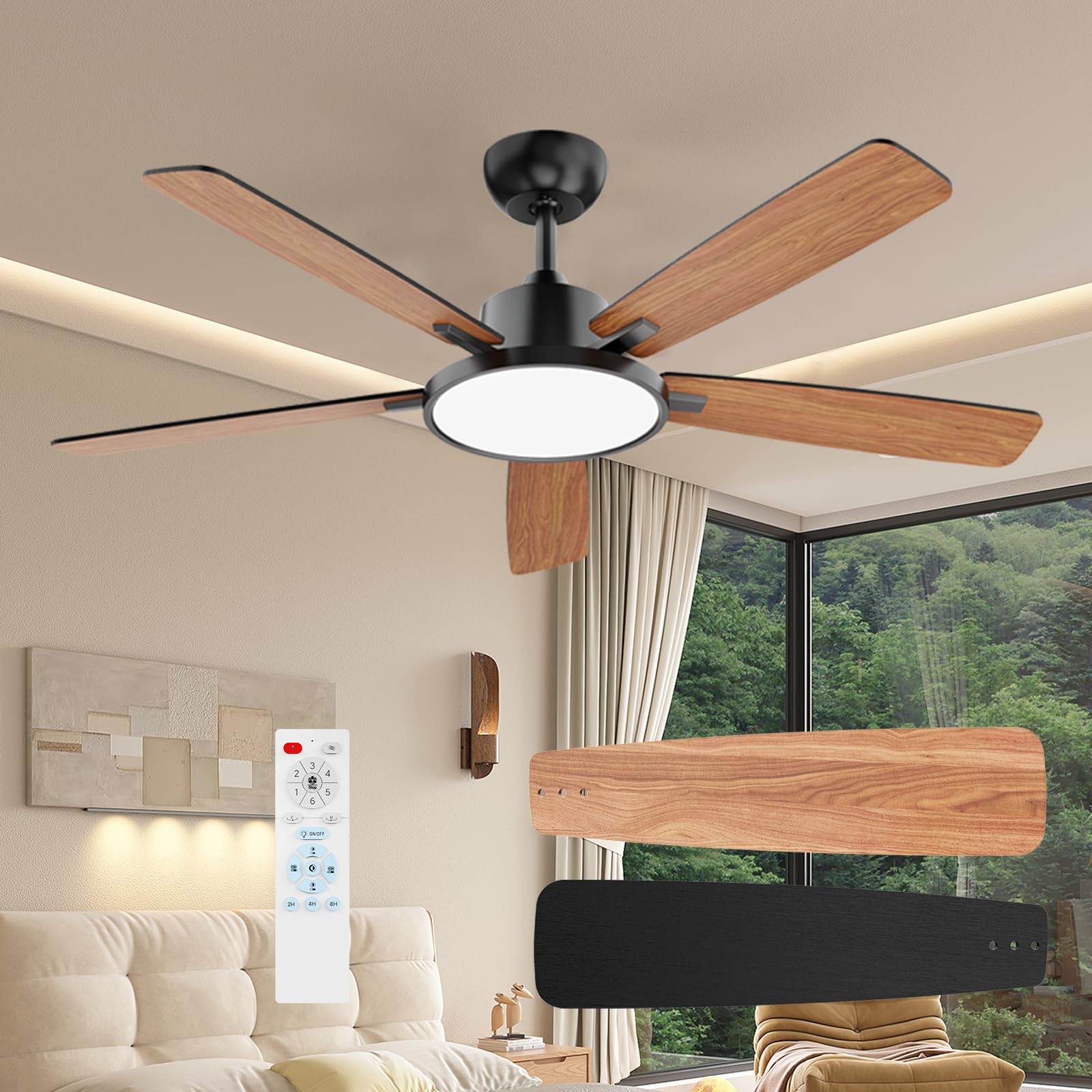 TALOYA 52in ceiling fan-light combo in black finish with integrated LED.