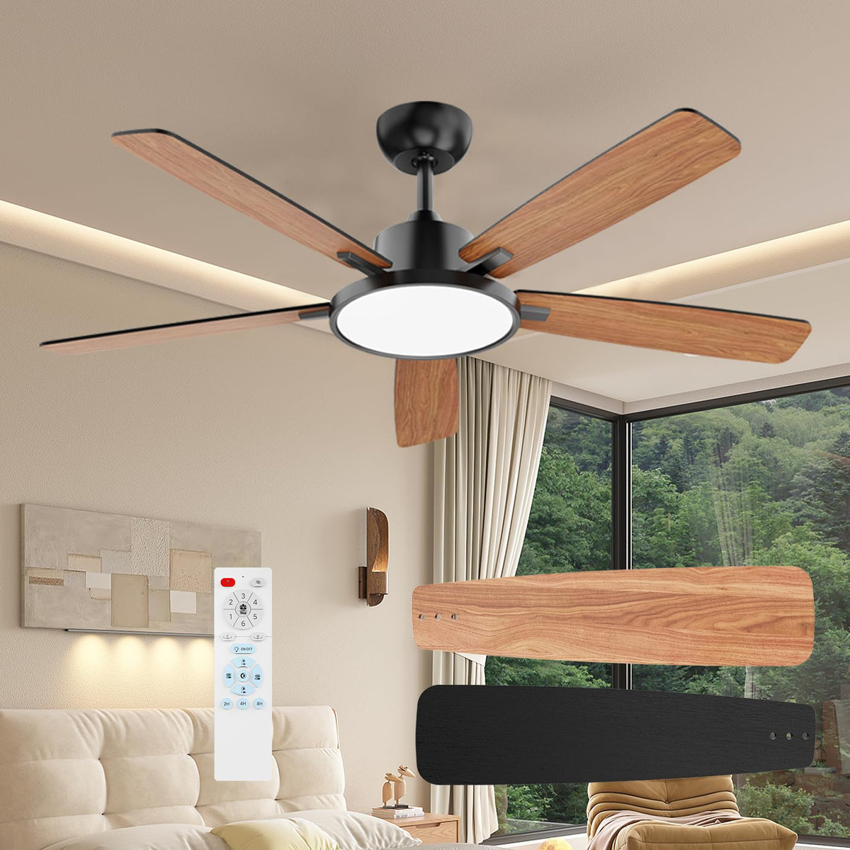 TALOYA 52in ceiling fan-light combo in black finish with integrated LED.