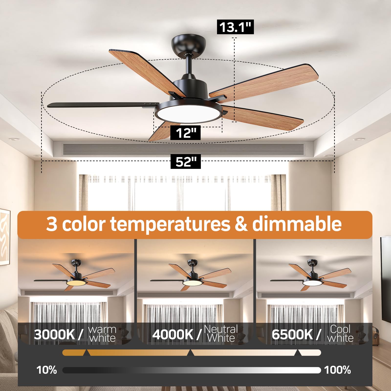 TALOYA black DC motor ceiling fan for quiet bedroom comfort.
