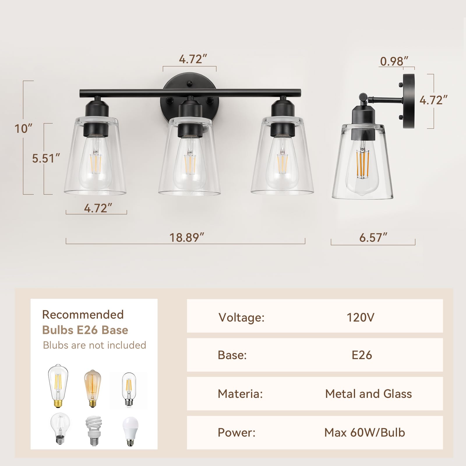TALOYA clear glass shade provides bright, balanced lighting for grooming.