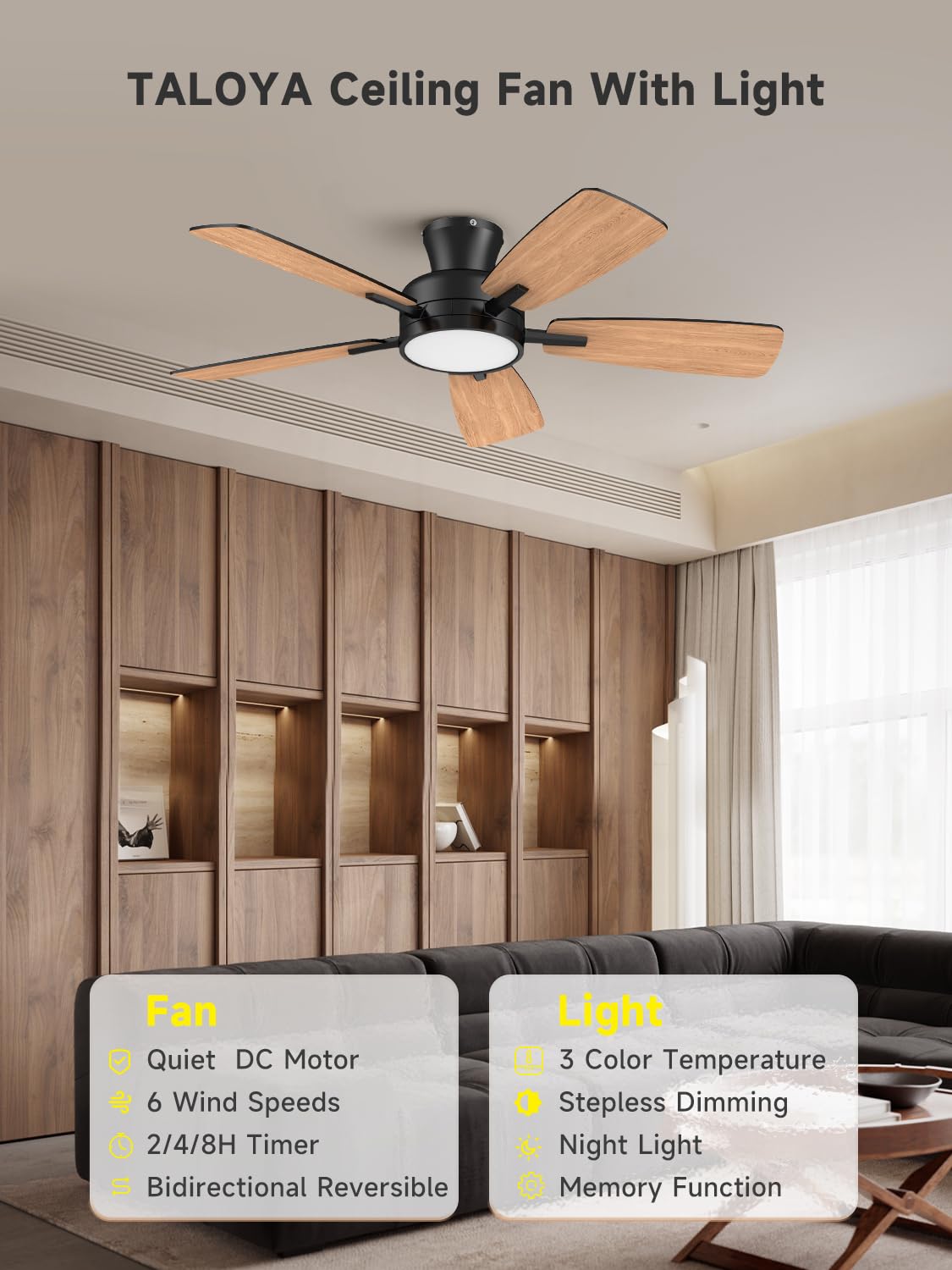 Taloya flush-mount ceiling fan blends with decor and saves space.