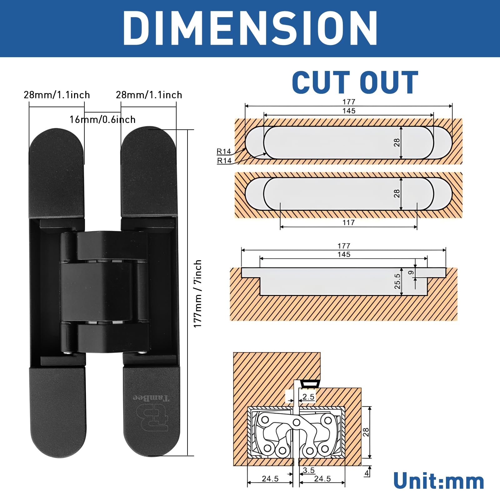TamBee hidden door hinge 3D adjustment diagram showing precise vertical, horizontal, and depth control