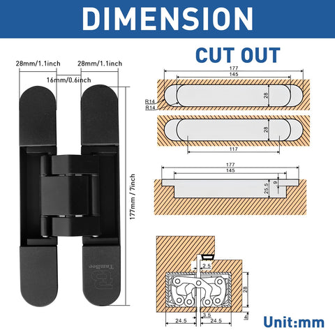 TamBee hidden door hinge 3D adjustment diagram showing precise vertical, horizontal, and depth control