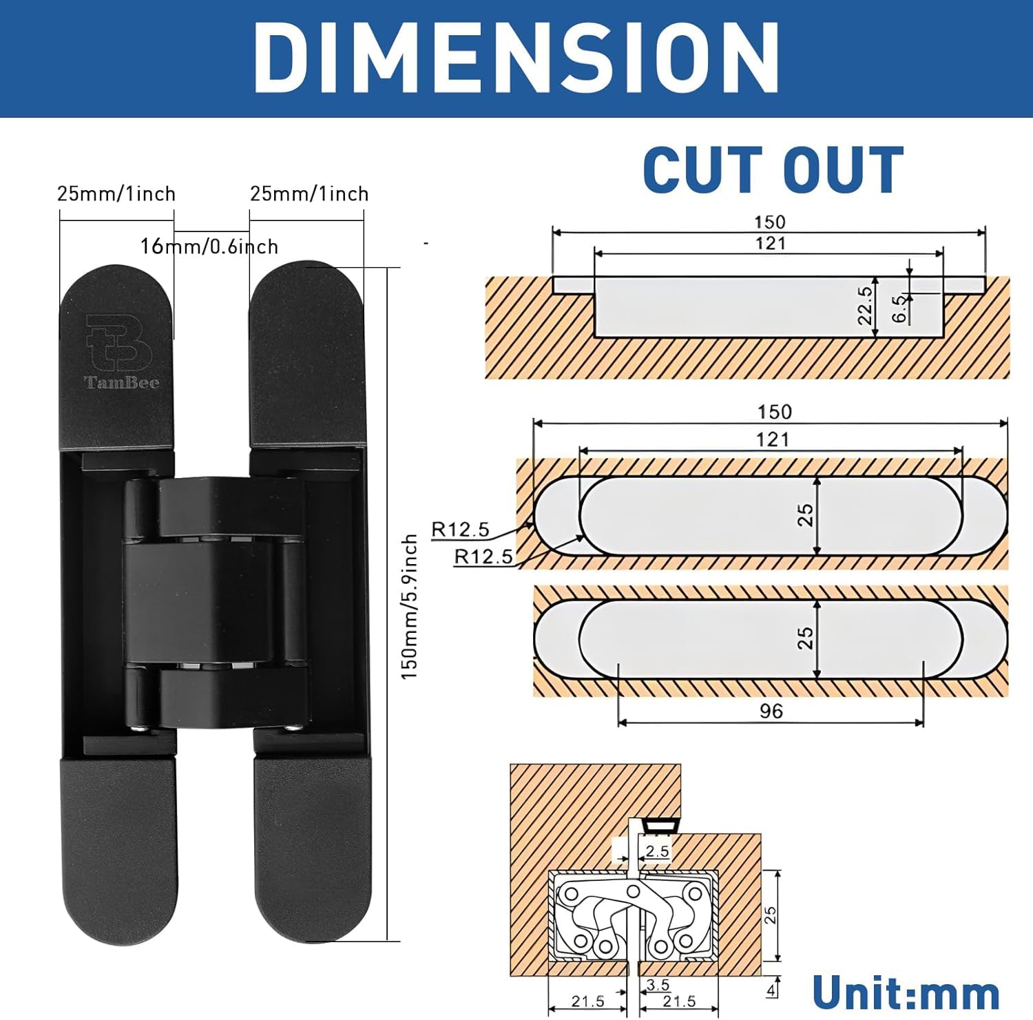 TamBee hidden door hinge features 3D adjustment for precise alignment during remodels.
