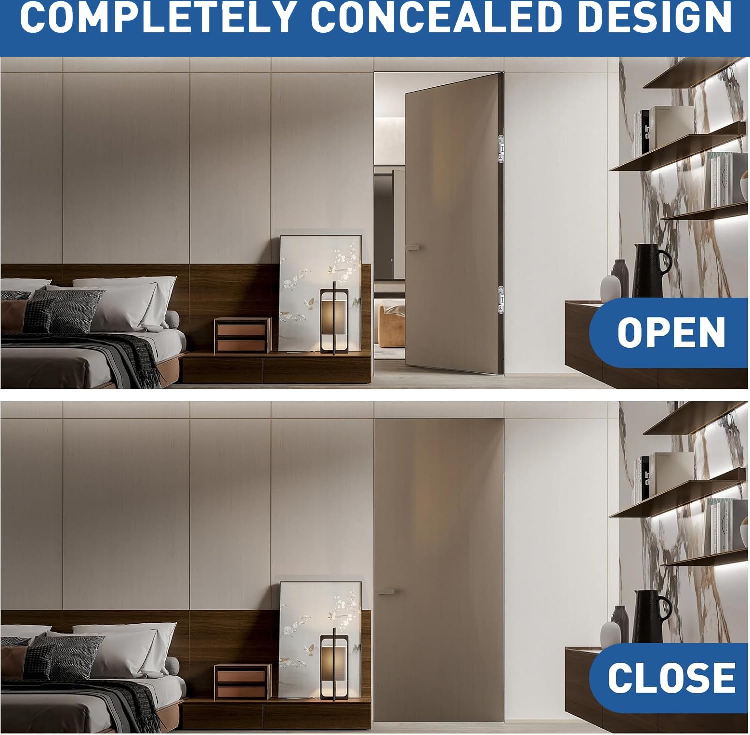 TamBee hidden door hinge applied to bookshelf doors for a seamless look.