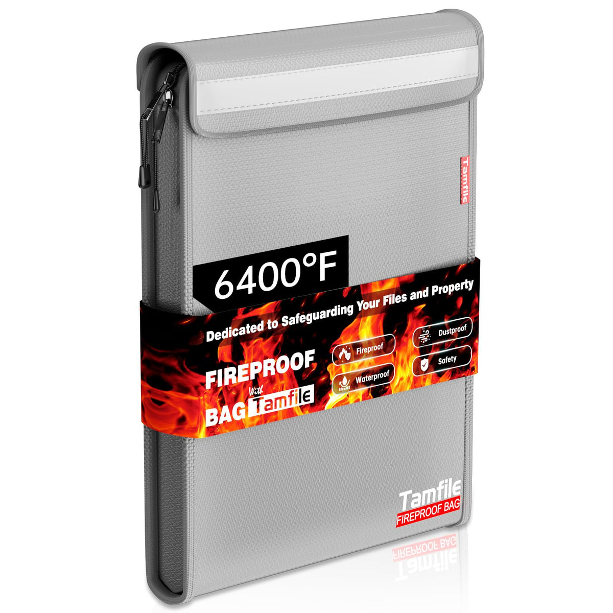 Tamfile 6400℉ fireproof bag front view shows sturdy exterior protecting documents