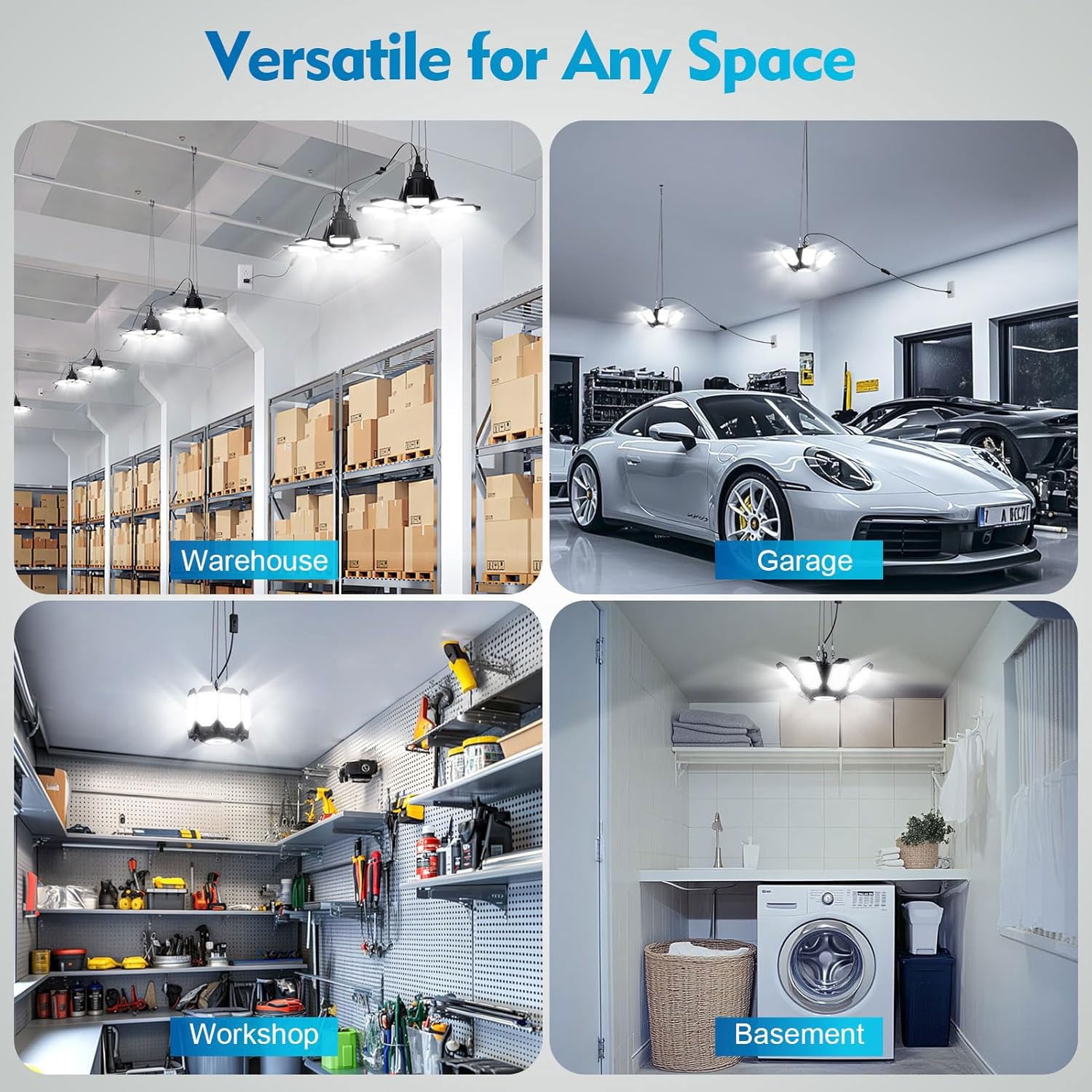 TANBABY garage lights installed in a basement or garage with plug-in convenience